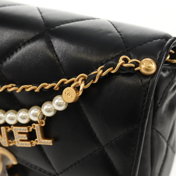 CHANEL Mini Matelasse Chain Shoulder Bag Lamb Skin Black Gold CC Auth 142102SM