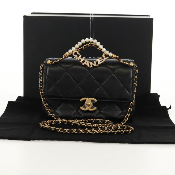 CHANEL Mini Matelasse Chain Shoulder Bag Lamb Skin Black Gold CC Auth 142102SM