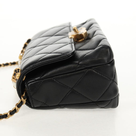 CHANEL Mini Matelasse Chain Shoulder Bag Lamb Skin Black Gold CC Auth 142102SM