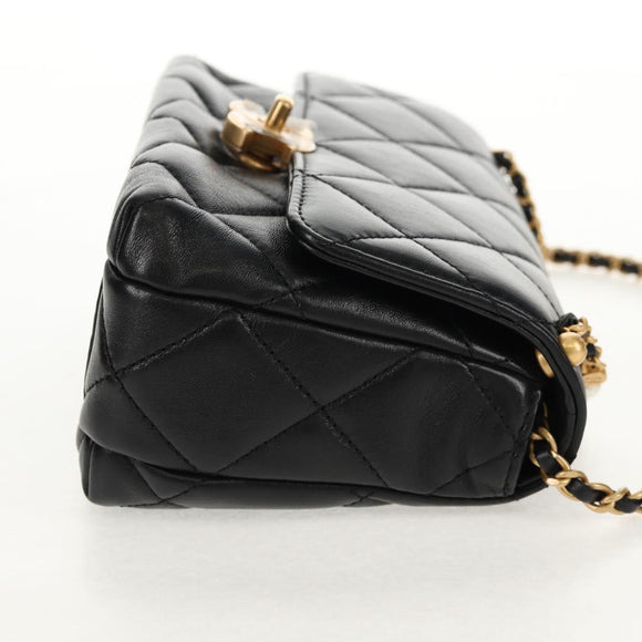 CHANEL Mini Matelasse Chain Shoulder Bag Lamb Skin Black Gold CC Auth 142102SM