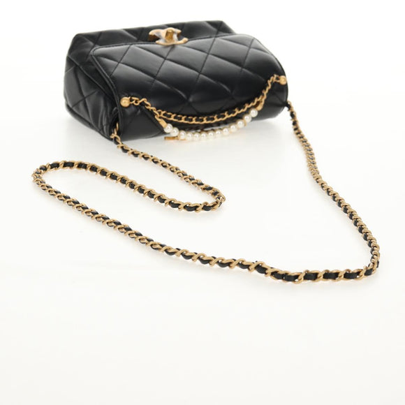 CHANEL Mini Matelasse Chain Shoulder Bag Lamb Skin Black Gold CC Auth 142102SM