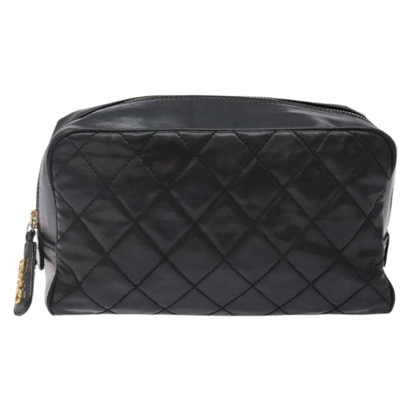 CHANEL Matelasse Pouch Leather Black Gold CC Auth 142115