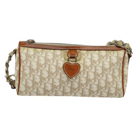 Christian Dior Trotter Canvas Romantic Shoulder Bag PVC Beige Silver Auth 142116
