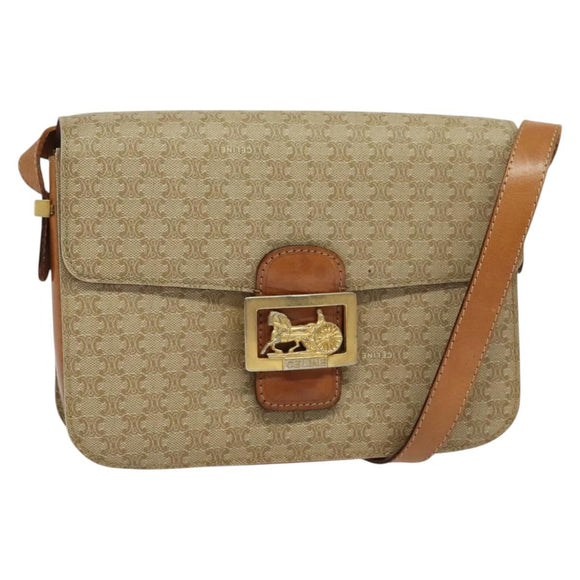 CELINE Macadam Canvas Shoulder Bag PVC Beige Gold Auth 142119