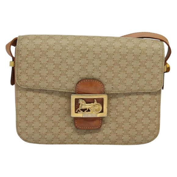 CELINE Macadam Canvas Shoulder Bag PVC Beige Gold Auth 142119