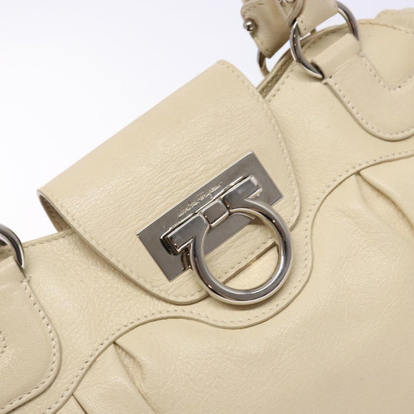 Salvatore Ferragamo Gancini Hand Bag Leather Ivory Silver Auth 142123