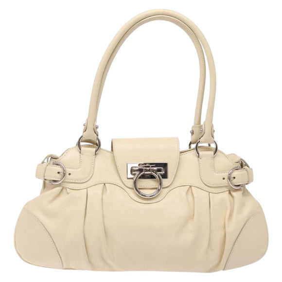 Salvatore Ferragamo Gancini Hand Bag Leather Ivory Silver Auth 142123