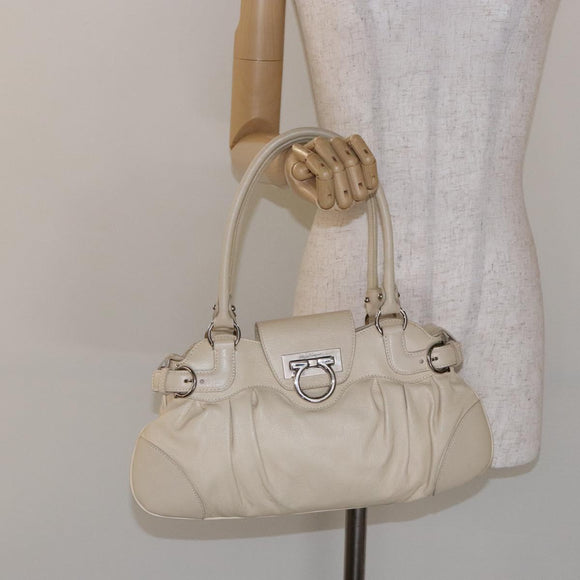 Salvatore Ferragamo Gancini Hand Bag Leather Ivory Silver Auth 142123