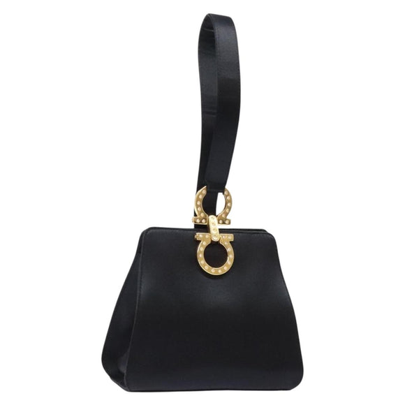 Salvatore Ferragamo Gancini Hand Bag Satin Black Gold Auth 142124V
