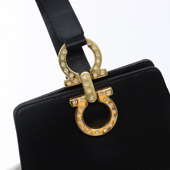 Salvatore Ferragamo Gancini Hand Bag Satin Black Gold Auth 142124V