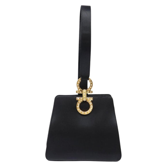 Salvatore Ferragamo Gancini Hand Bag Satin Black Gold Auth 142124V