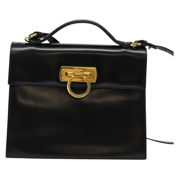 Salvatore Ferragamo Gancini Hand Bag Leather 2way Black Gold Auth 142126