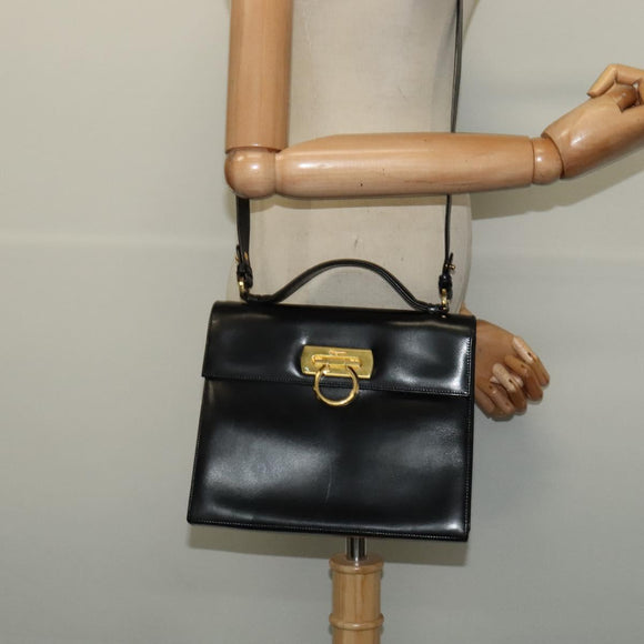 Salvatore Ferragamo Gancini Hand Bag Leather 2way Black Gold Auth 142126