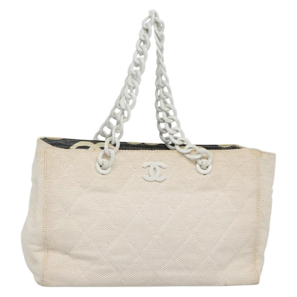 CHANEL Matelasse Chain Shoulder Bag Straw White Gold CC Auth 142166