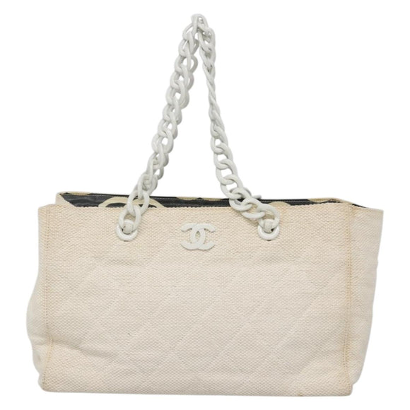 CHANEL Matelasse Chain Shoulder Bag Straw White Gold CC Auth 142166