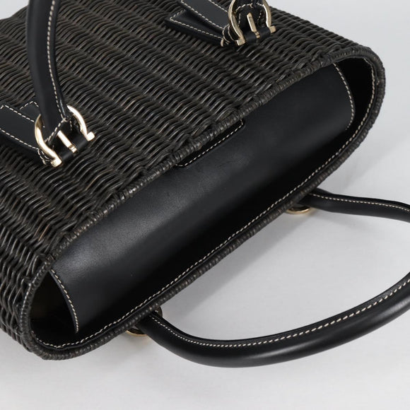 Salvatore Ferragamo Gancini Hand Bag Rattan Black Gold Auth 142182V