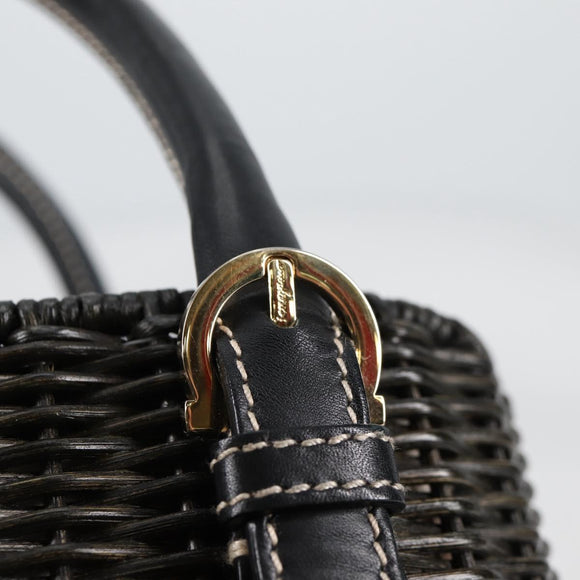 Salvatore Ferragamo Gancini Hand Bag Rattan Black Gold Auth 142185V