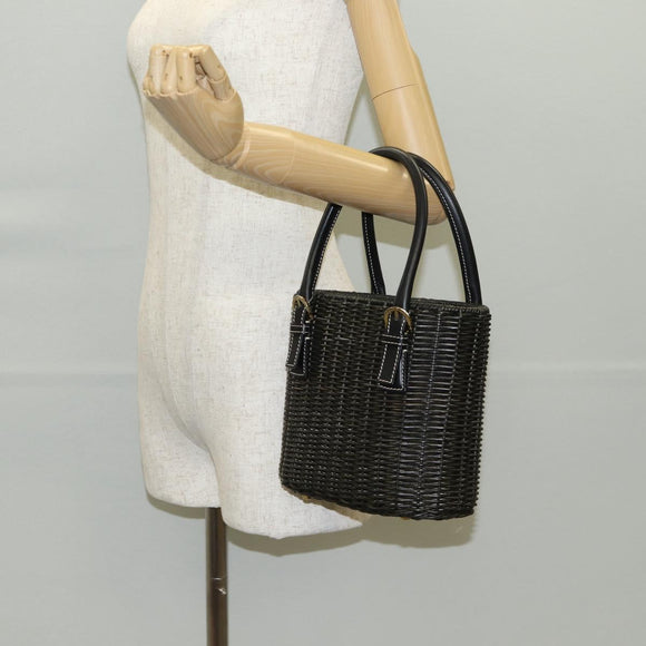 Salvatore Ferragamo Gancini Hand Bag Rattan Black Gold Auth 142185V