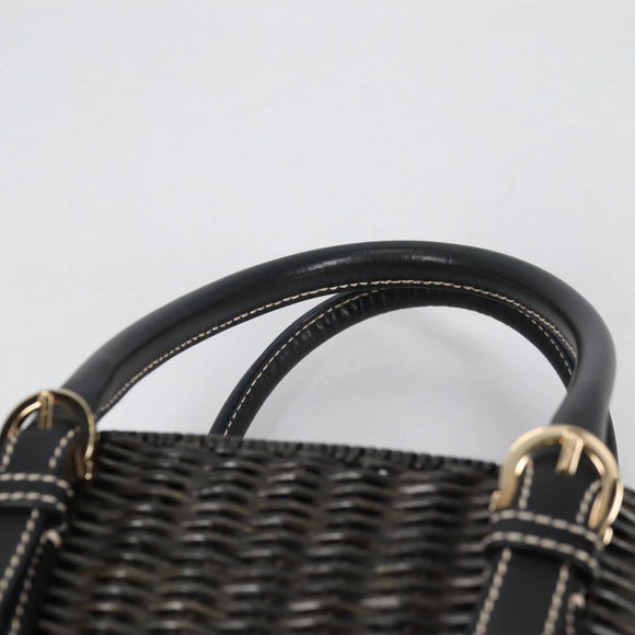 Salvatore Ferragamo Gancini Hand Bag Rattan Black Gold Auth 142185V