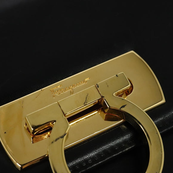 Salvatore Ferragamo Gancini Shoulder Bag Leather Black Gold Auth 142187