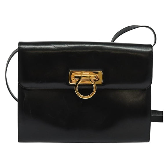 Salvatore Ferragamo Gancini Shoulder Bag Leather Black Gold Auth 142187