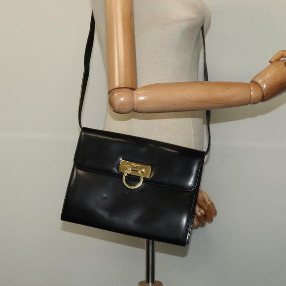 Salvatore Ferragamo Gancini Shoulder Bag Leather Black Gold Auth 142187