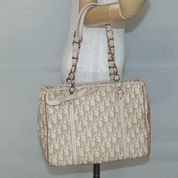 Christian Dior Trotter Canvas Romantic Tote Bag PVC Beige Silver Auth 142190