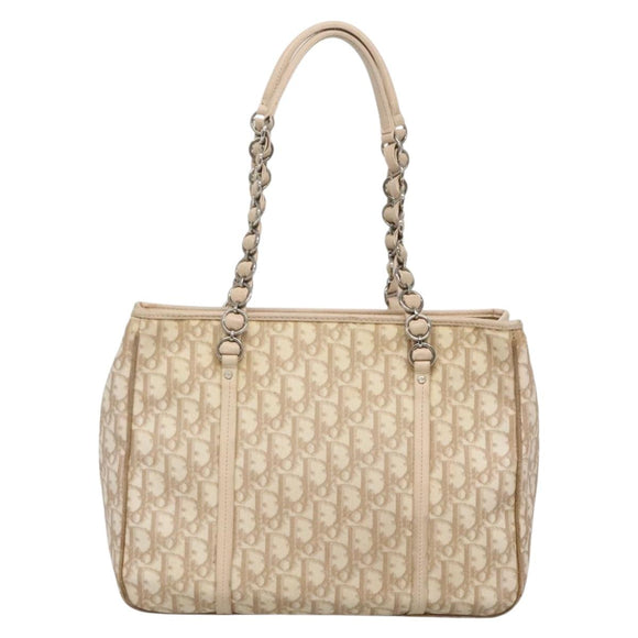 Christian Dior Trotter Canvas Romantic Tote Bag PVC Beige Silver Auth 142190
