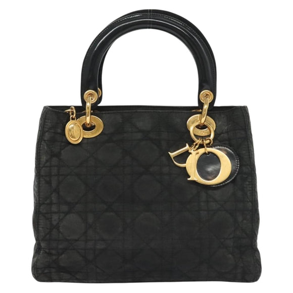 Christian Dior Canage Hand Bag Nylon Black Gold Auth 142241