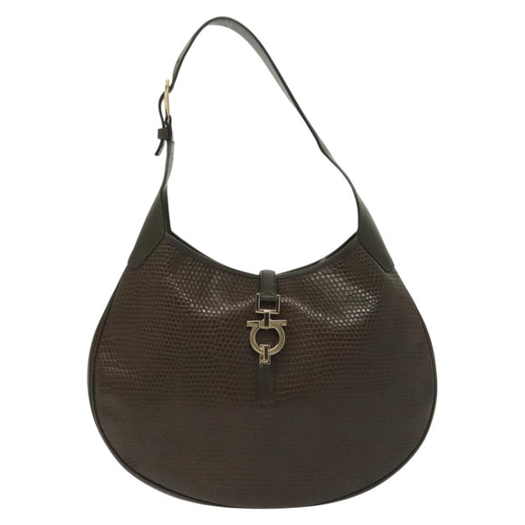 Salvatore Ferragamo Gancini Shoulder Bag Leather Brown Gold Auth 142243