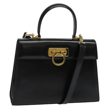 Salvatore Ferragamo Gancini Hand Bag Leather 2way Black Gold Auth 142244