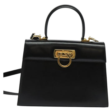 Salvatore Ferragamo Gancini Hand Bag Leather 2way Black Gold Auth 142244 - 0