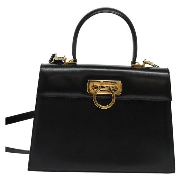 Salvatore Ferragamo Gancini Hand Bag Leather 2way Black Gold Auth 142244
