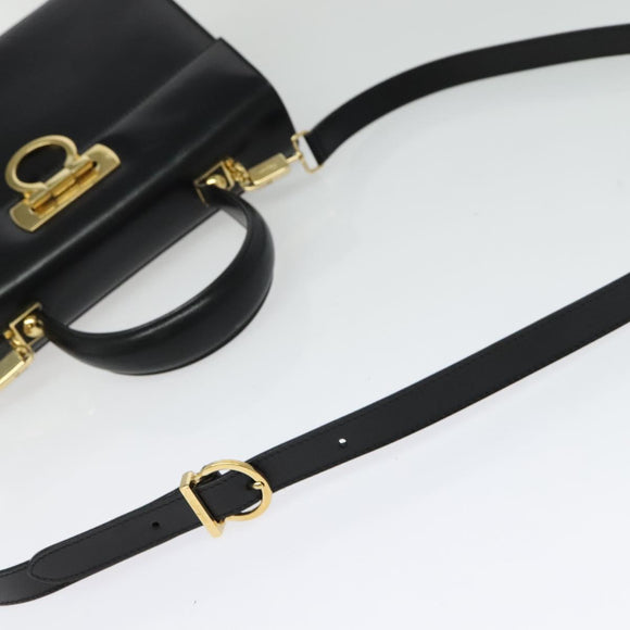 Salvatore Ferragamo Gancini Hand Bag Leather 2way Black Gold Auth 142244