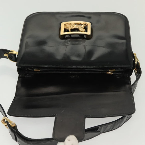 CELINE Horse Carriage Shoulder Bag Patent leather Black Gold Auth 142247