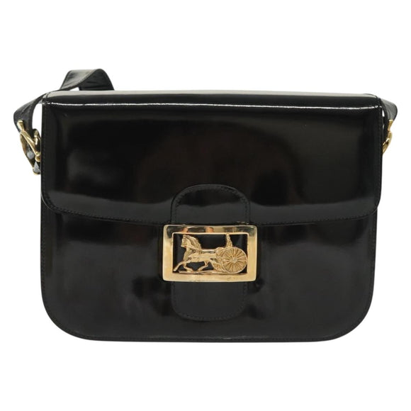 CELINE Horse Carriage Shoulder Bag Patent leather Black Gold Auth 142247