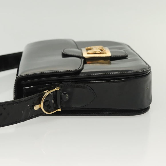 CELINE Horse Carriage Shoulder Bag Patent leather Black Gold Auth 142247