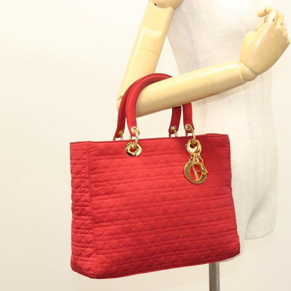 Christian Dior Canage Lady Dior Hand Bag Nylon Red Gold Auth 142266