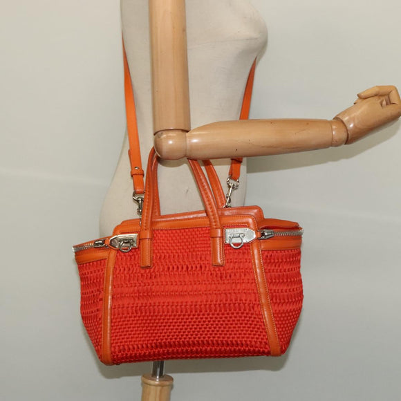 Salvatore Ferragamo Gancini Hand Bag Canvas 2way Orange Silver Auth 142268