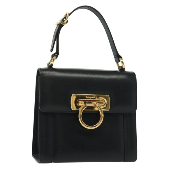 Salvatore Ferragamo Gancini Hand Bag Leather Navy Gold Auth 142283
