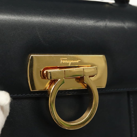 Salvatore Ferragamo Gancini Hand Bag Leather Navy Gold Auth 142283