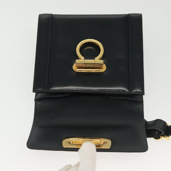 Salvatore Ferragamo Gancini Hand Bag Leather Navy Gold Auth 142283