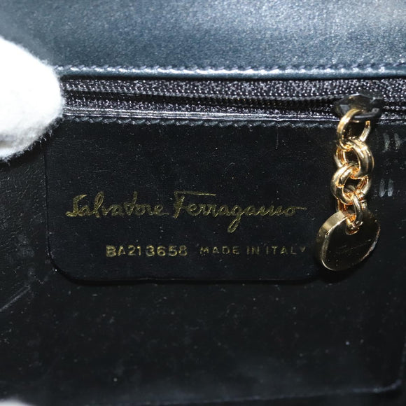 Salvatore Ferragamo Gancini Handtas Leer Marinegoud Auth 142283A