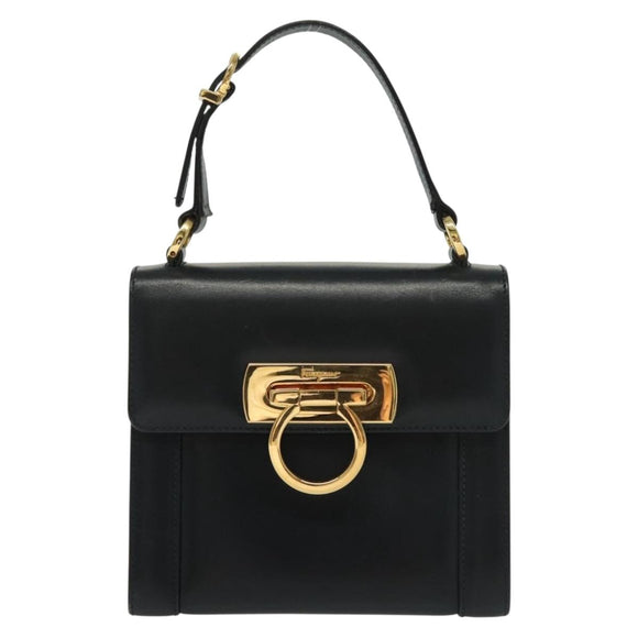 Salvatore Ferragamo Gancini Hand Bag Leather Navy Gold Auth 142283