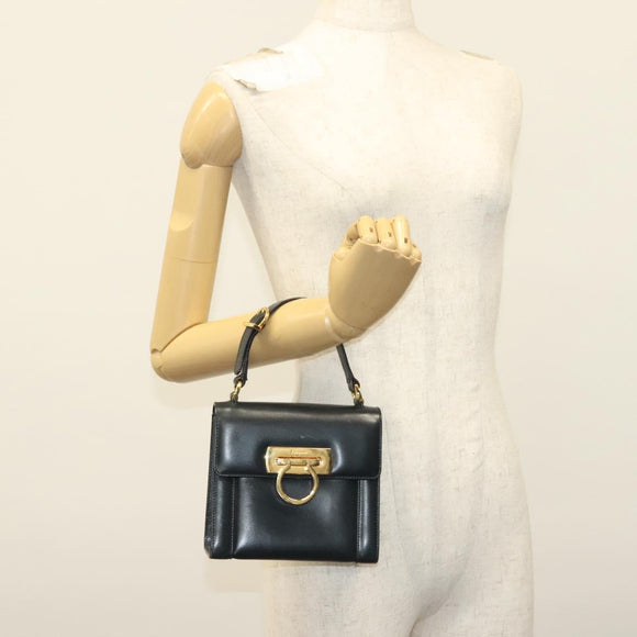 Salvatore Ferragamo Gancini Hand Bag Leather Navy Gold Auth 142283