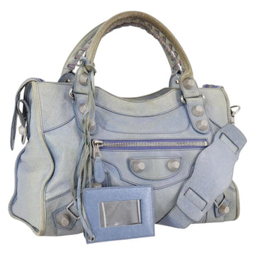 BALENCIAGA The Giant City Hand Bag Leather 2way Light Blue Silver Auth 142291