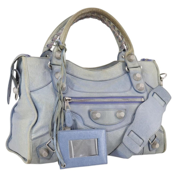 BALENCIAGA The Giant City Hand Bag Leather 2way Light Blue Silver Auth 142291