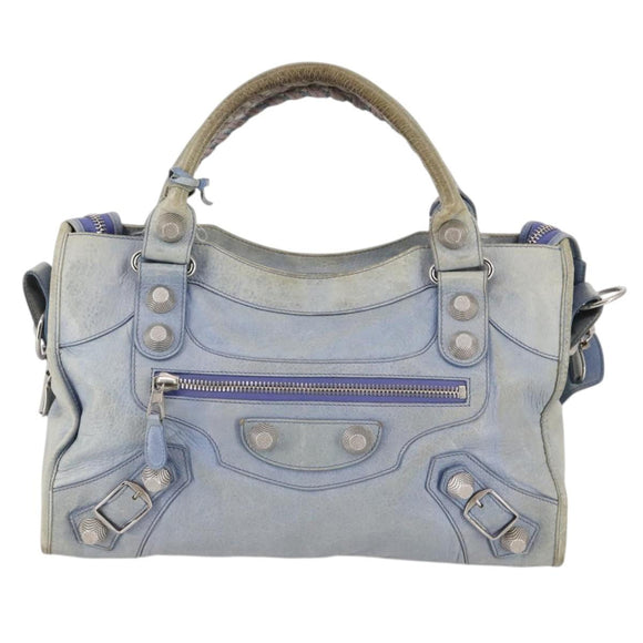 BALENCIAGA The Giant City Hand Bag Leather 2way Light Blue Silver Auth 142291