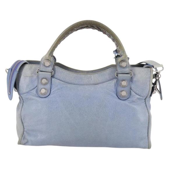 BALENCIAGA The Giant City Hand Bag Leather 2way Light Blue Silver Auth 142291