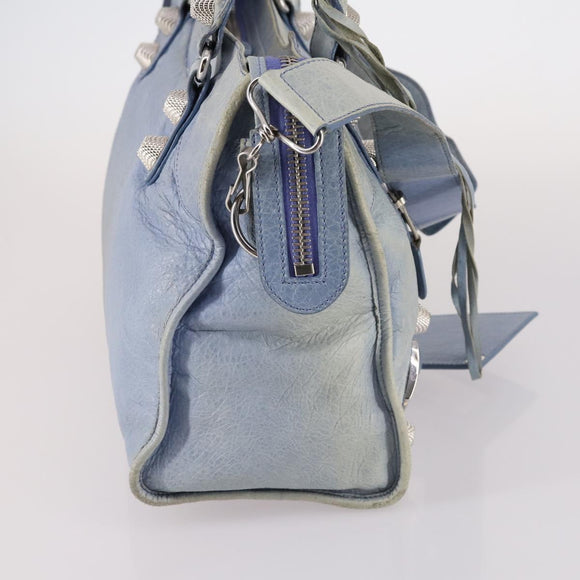 BALENCIAGA The Giant City Hand Bag Leather 2way Light Blue Silver Auth 142291
